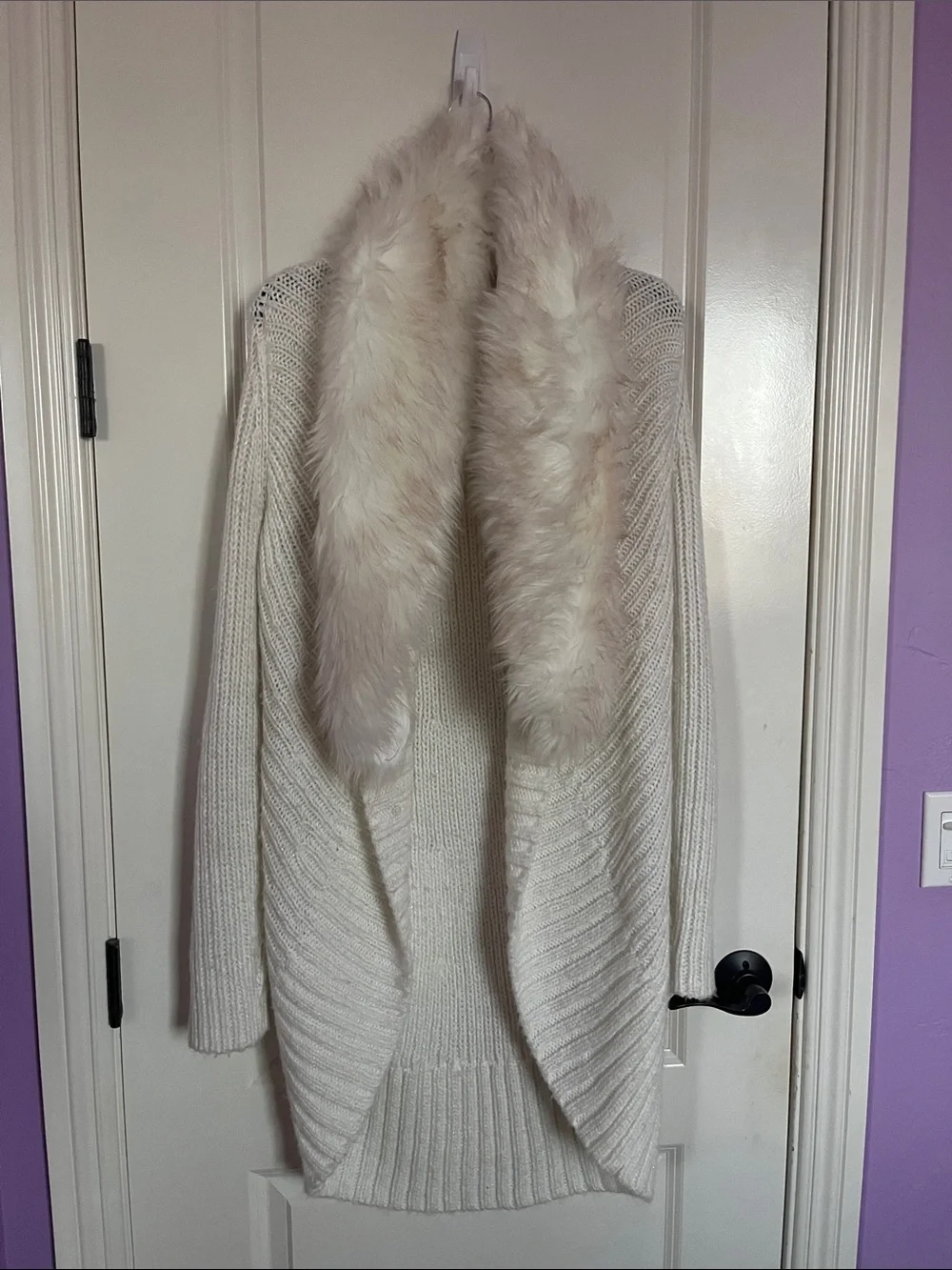 Jennifer Lopez Cream Open Front Faux-Fur Collar Cardigan Size M